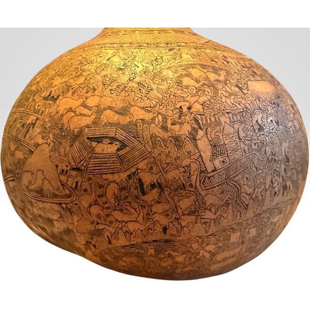 Traditional Mid 20th Century Large Peruvian Folk Art Mate Burilado Hand-Carved Storytelling Gourd For Sale - Image 3 of 11