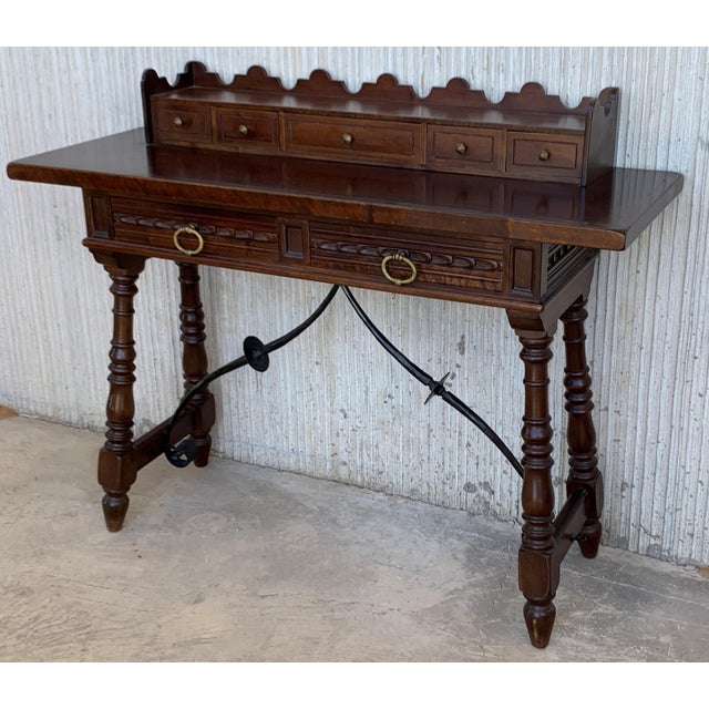 Baroque Catalan Spanish Lady Desk or Console Tablein Carved Walnut and Iron Stretcher For Sale - Image 3 of 13