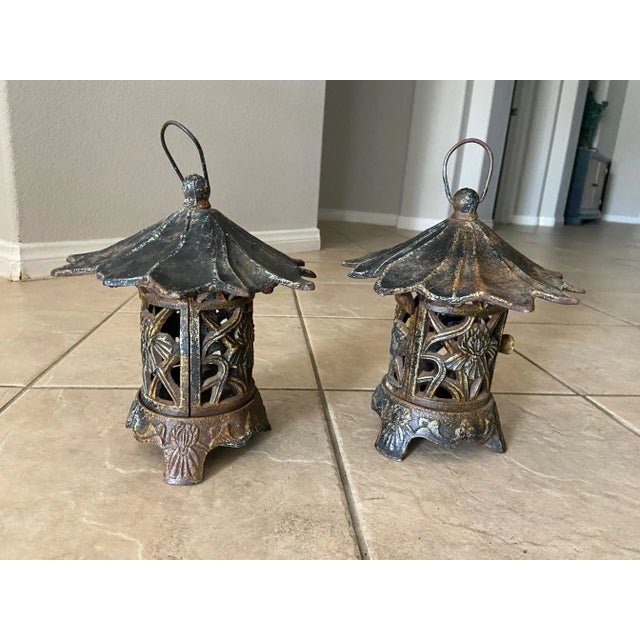 Pair Antique Chinese Iron Pagoda Garden Candle Lanterns For Sale - Image 4 of 13