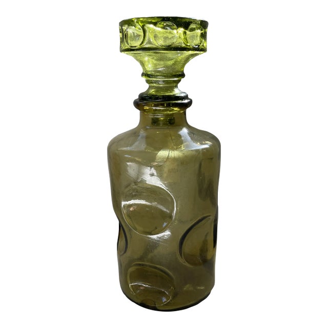 Vintage 1960's Olive Green Art Glass Decanter or Bottle With Stopper For Sale