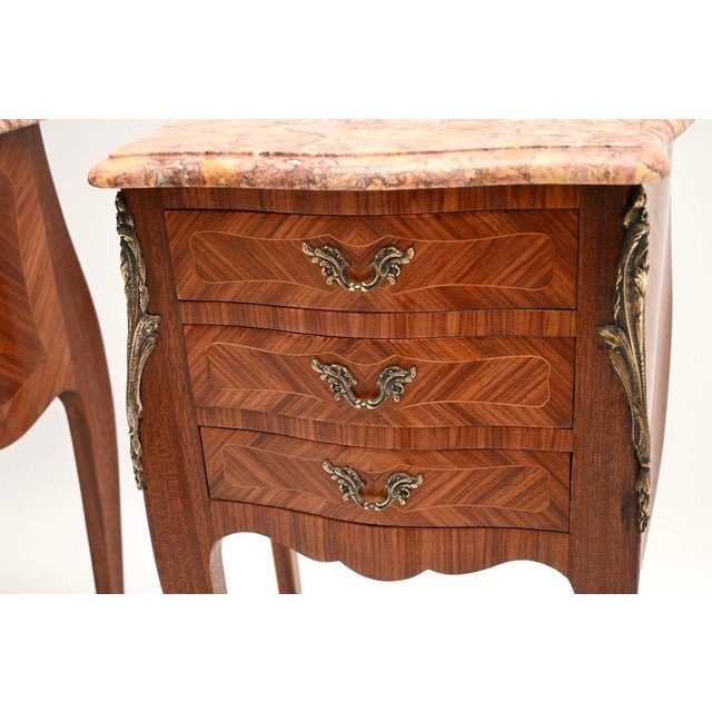 Antique French Inlaid Parquetry Marble Top Bedside Chests, 1900, Set of 2 For Sale - Image 10 of 11