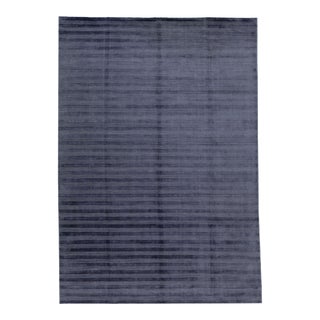 2010s Modern Solid Handmade Wool & Silk Rug in Navy Blue For Sale
