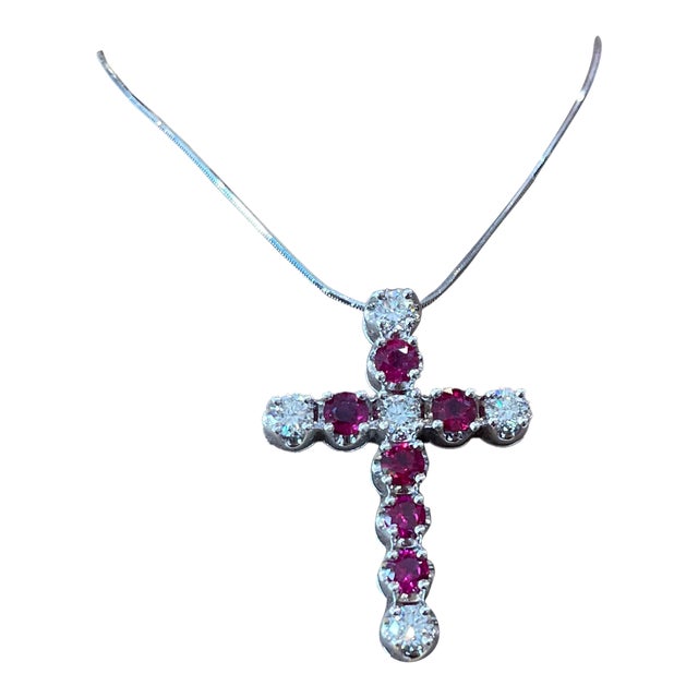 14k White Gold Diamond & Ruby Cross Pendant Necklace For Sale