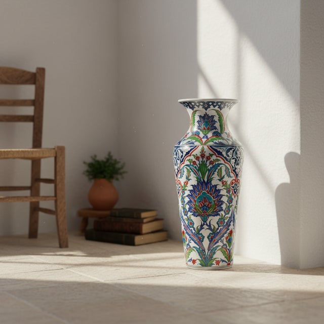 2020s Handmade Ceramic Imperial Palace Vase (60cm) Classic White Symmetrical Saz-Hatai Pattern For Sale - Image 5 of 12