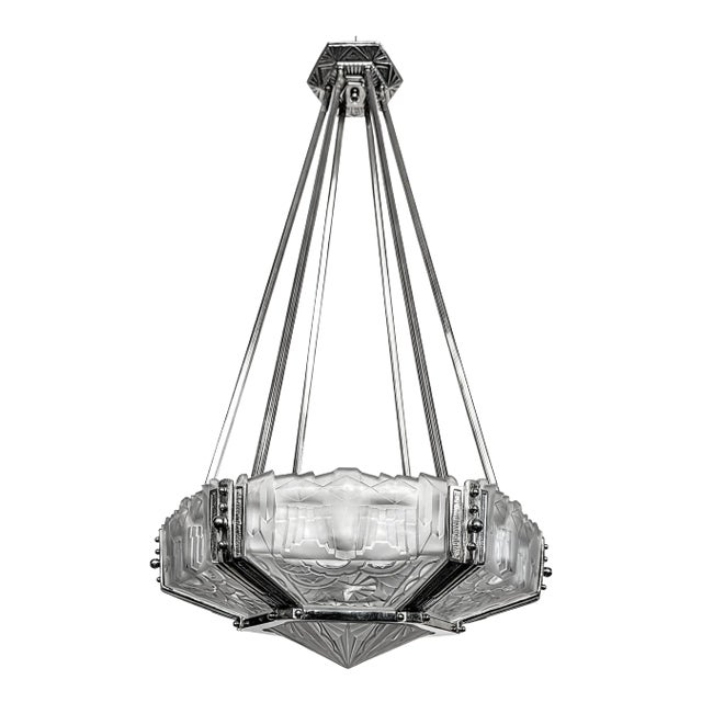 French Art Deco Pendant Chandelier by Hugue For Sale
