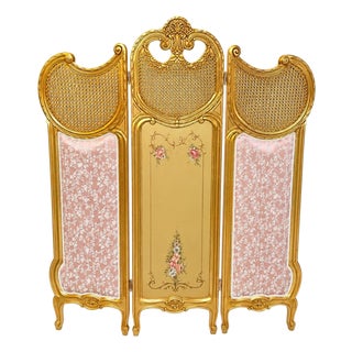 Vintage Rococo Folding Screen Handpainted Floral Gold leaf Set For Sale