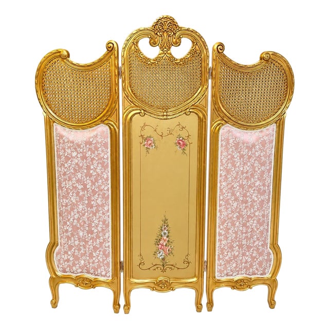 Vintage Rococo Folding Screen Handpainted Floral Gold leaf Set For Sale