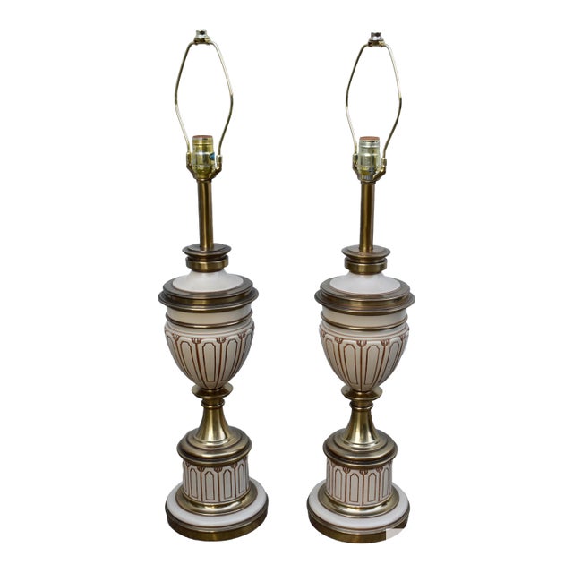Pair Vintage Stiffel Brass Enamel Urn Table Lamps Mid Century Hollywood Regency For Sale