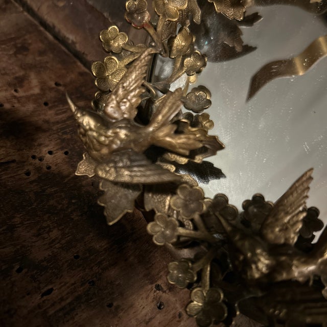 Hollywood Regency Vintage Petites Choses Dresden Style Brass Hummingbird Wreath Mirror For Sale - Image 3 of 8