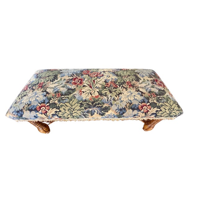 Early 20th Century Vintage Jacobean Tapestry Hall Bench With Turned Wood Legs, Scalloped Fringe & Upholstered Floral Seat For Sale - Image 5 of 12