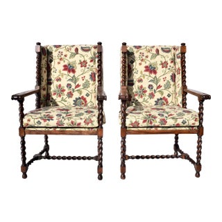Upholstered Barley Twist Wing Back Lounge Chairs For Sale