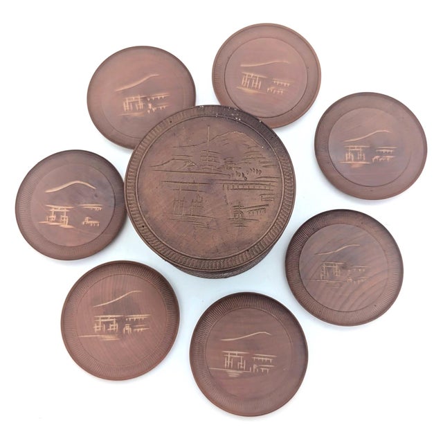 Mid 20th Century Mid 20th Century Carved Teak Wood Beverage Coasters, Set of 7 For Sale - Image 5 of 13
