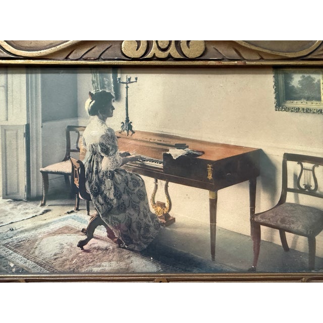 Charming Antique French Trumeau Mirror featuring an image of a woman in a parlor at a piano. Original wood frame in great...