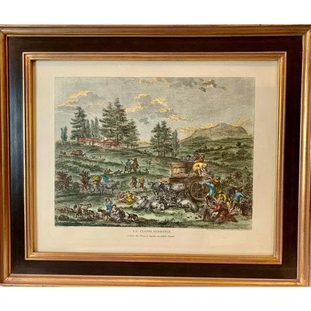 Forest Green Hand Watercolored Print "La Pleine Vendange" Depicting the Grape Harvest-Framed For Sale - Image 8 of 8