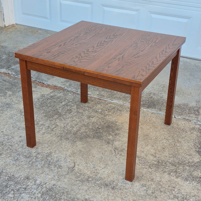 Wood 1990s Oak Veneer Expanding Dining Table W/ Built in Extending Leaves For Sale - Image 7 of 10