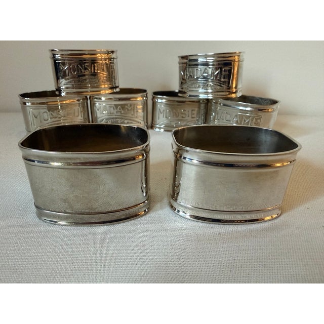 Metal Vintage Silver Plated French Napkin Rings Monsieur & Madame, Set 2 For Sale - Image 7 of 12