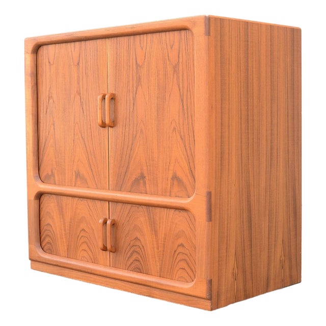 Vintage 1970s Danish Teak Media Cabinet Credenza W/ Tambour Doors on Casters For Sale