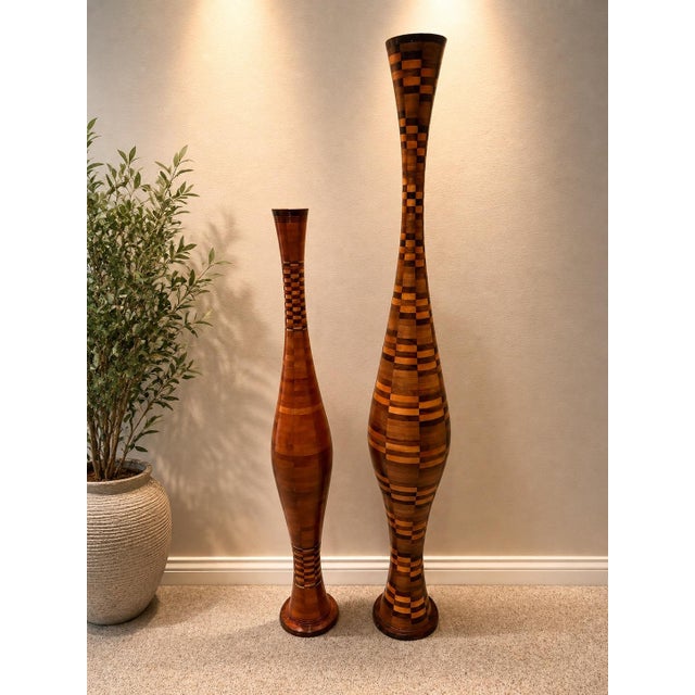 Pair of Handcrafted Segmented Hardwood Floor Vases For Sale - Image 6 of 7
