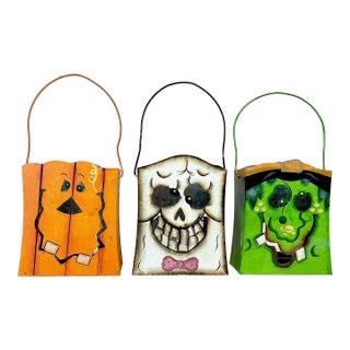 Late 20th C Boho Chic Americana Whimsical Halloween Tole Candleholders - Set of 3. For Sale