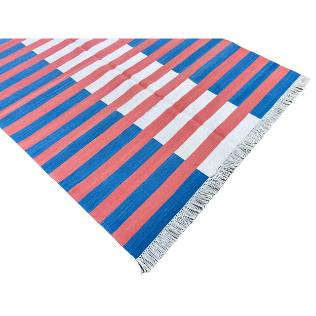 Not Yet Made - Made To Order Handwoven Cotton Area Rug, Vegetable Dyed Blue, Terracotta and Cream Striped Dhurrie - 10'x14' For Sale - Image 5 of 10
