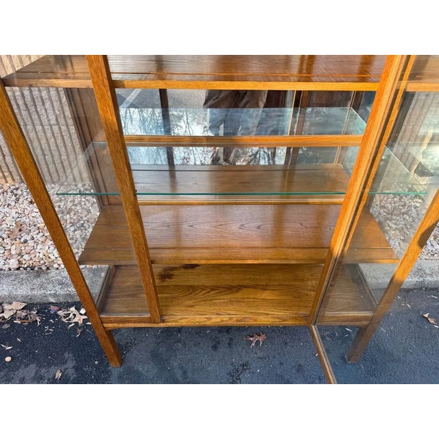Antique Art Decor Mission Style Solid Oak Bookcase Curio Cabinet. Circa Early 20th Century For Sale - Image 4 of 10