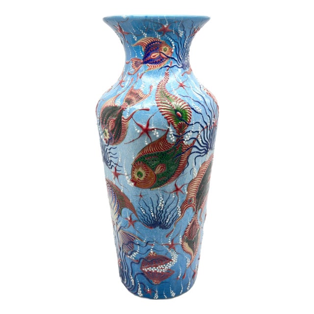 Handmade Ceramic Grand Column Vase (50cm) Embossed Aegean Aquarium & Coral Reef Floor Vase For Sale