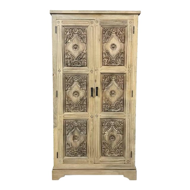 1980s Modern Farmhouse Style Vintage Carved Doors Tall Armoire For Sale