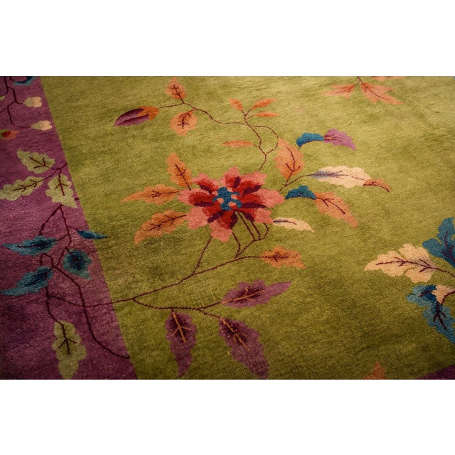 Art Deco 1920s Green Field Floral & Purple Border Knotted Wool Antique Chinese Art Deco Rug For Sale - Image 3 of 9