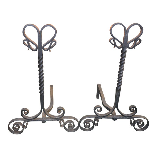 Vintage Pair Tall Black Gothic / Arts & Crafts Scroll & Twisted Iron Fire Dogs Fireplace Andirons For Sale