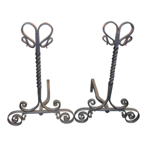 Vintage Pair Tall Black Gothic / Arts & Crafts Scroll & Twisted Iron Fire Dogs Fireplace Andirons