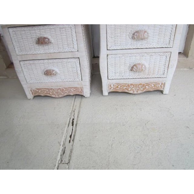 1980s White Wicker Rattan Nightstand Two Drawer Set of 2 For Sale - Image 11 of 13