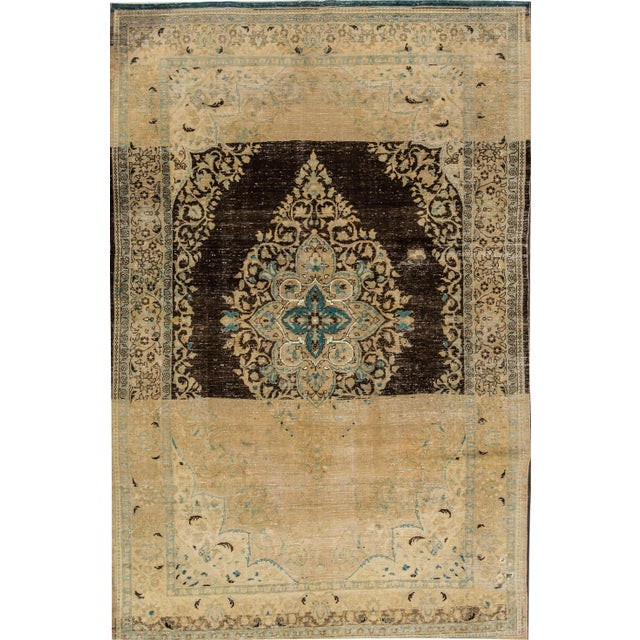 Textile Vintage Persian Tabriz Handmade Brown Medallion Wool Rug For Sale - Image 7 of 7
