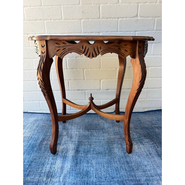 Wood Antique Carved Walnut Accent Table / Side End Table. Featuring Wavy, Marquetry Inlaid Top and Cabroile Legs For Sale - Image 7 of 9