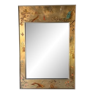 1970's LaBarge Gold Leaf and Reverse Painted Chinoiserie Style Wall Mirror For Sale