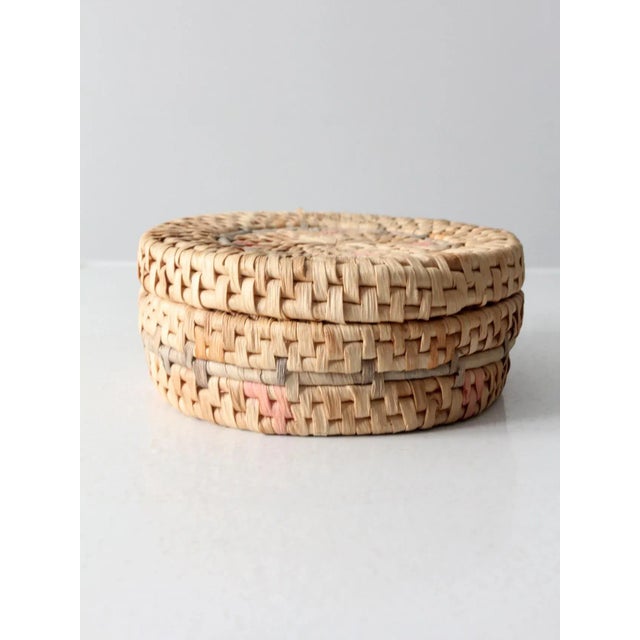 Vintage Woven Pastel Round Basket Box For Sale - Image 6 of 11
