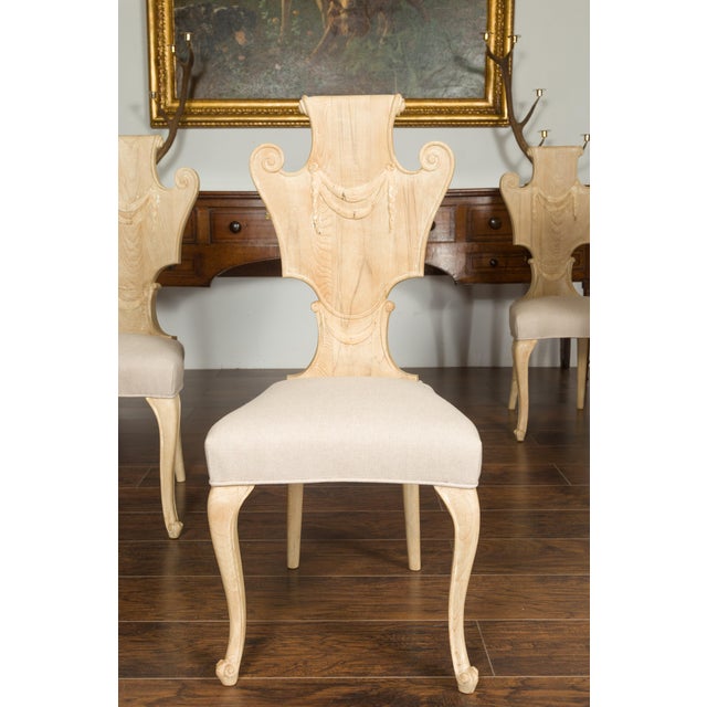 Set of Six Italian Midcentury Bleached Walnut Dining Room Chairs with Scrolls For Sale - Image 9 of 12