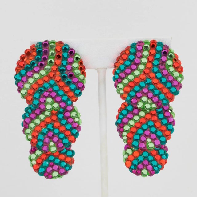 Contemporary Richard Kerr Jeweled Clip Earrings Multicolor Dangle Disks For Sale - Image 3 of 7