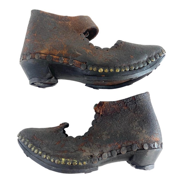 Antique 19th Century Victorian Handmade Childrens Leather Wood Metal Clog Shoes For Sale