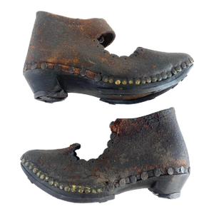 Antique 19th Century Victorian Handmade Childrens Leather Wood Metal Clog Shoes