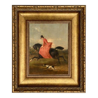 Woman on Horse With Dog Framed Canvas Print, Wide Antiqued Gold Frame, 8x10" Print For Sale