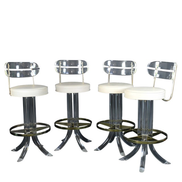 1980s Set of 4 Lucite and Brass Swivel Counter Stools For Sale