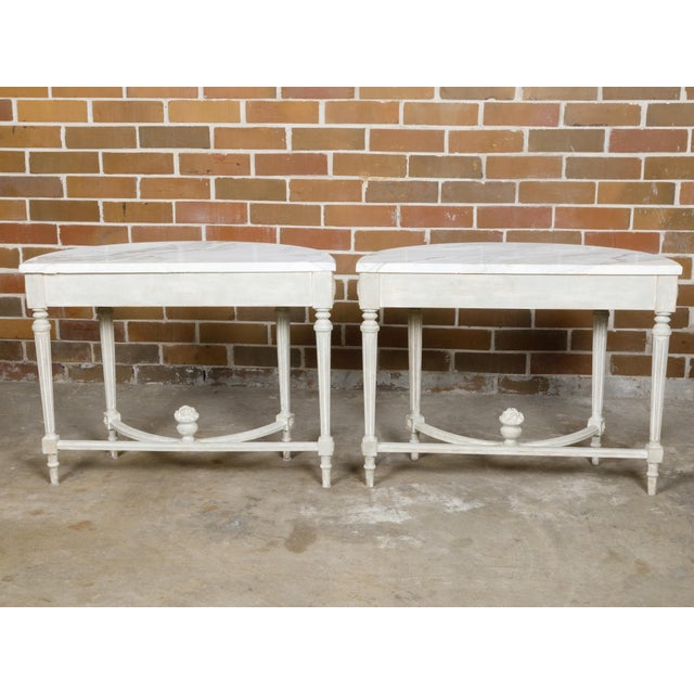 French Pair of French Louis XVI Style Painted Demilune Console Tables with Marble Tops For Sale - Image 3 of 12