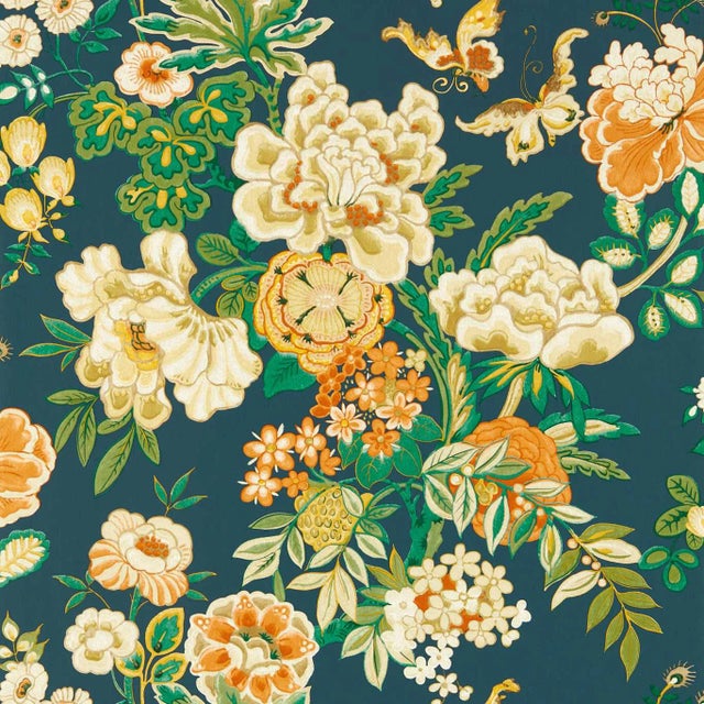 Sanderson Emperor Peony Wallpaper in Midnight/Apricot For Sale