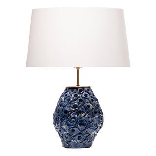 Perforated Blue and White Glazed Stoneware Table Lamp, Denmark, 1960s For Sale