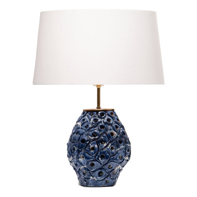 Perforated Blue and White Glazed Stoneware Table Lamp, Denmark, 1960s For Sale