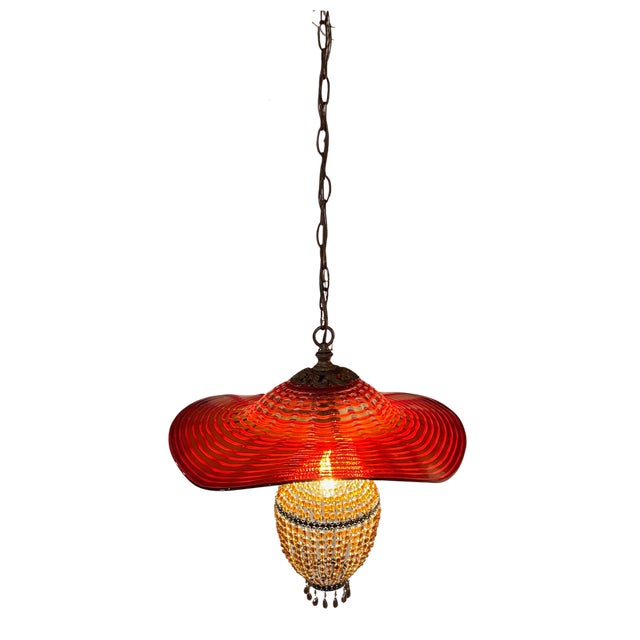 Red Murano Swirl Art Glass Shade and Amber Beads Pendant Lamp For Sale - Image 9 of 18