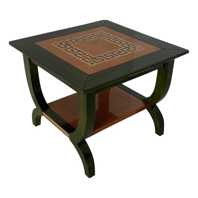 Italian Coffee Table in Green Aniline with Maple Geometric Inlay and Gilt Detail, 1980s For Sale