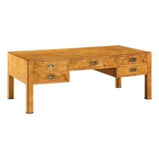 Baker Furniture Campaign Style Burlwood and Brass Coffee Table For Sale