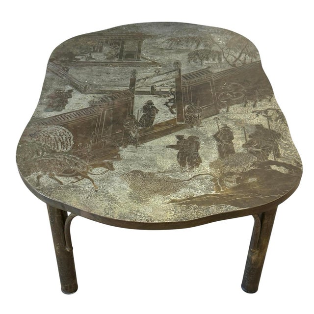 Phillip and Kelvin Laverne "Chan" coffee table. Patinated bronze and pewter with an Asian motif to tabletop. Faux bamboo...