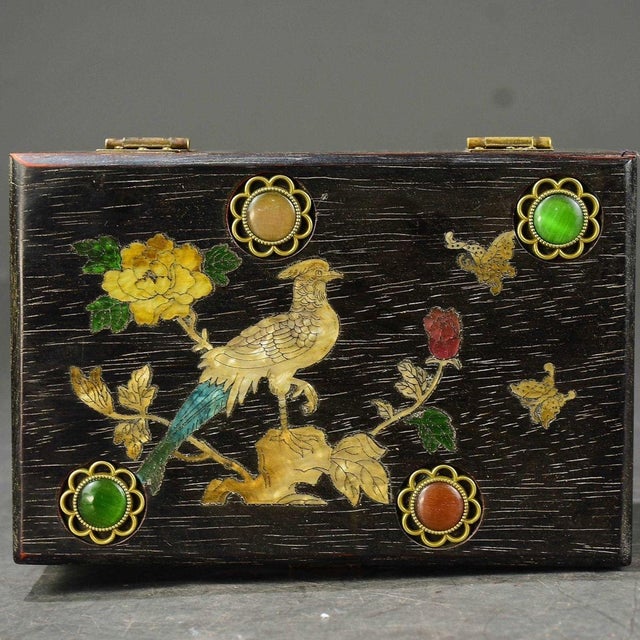 Vintage Chinese Zitan Wood Box With Gold Painted Bird & Gemstone Inlay - Chinoiserie Jewelry Box For Sale - Image 9 of 9